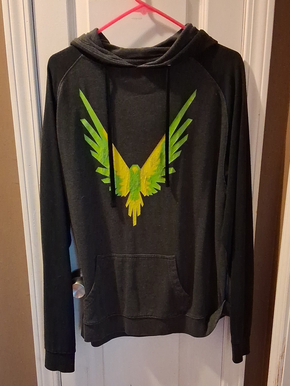 Mens Charcoal Hoodie Sweatshirt with Green Yellow Wing Graphic